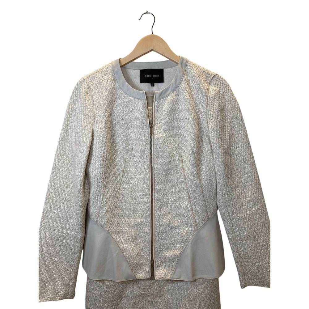 Lafayette 148 New York Skirt Suit Women 4 Beige Tweed Leather Trim Professional